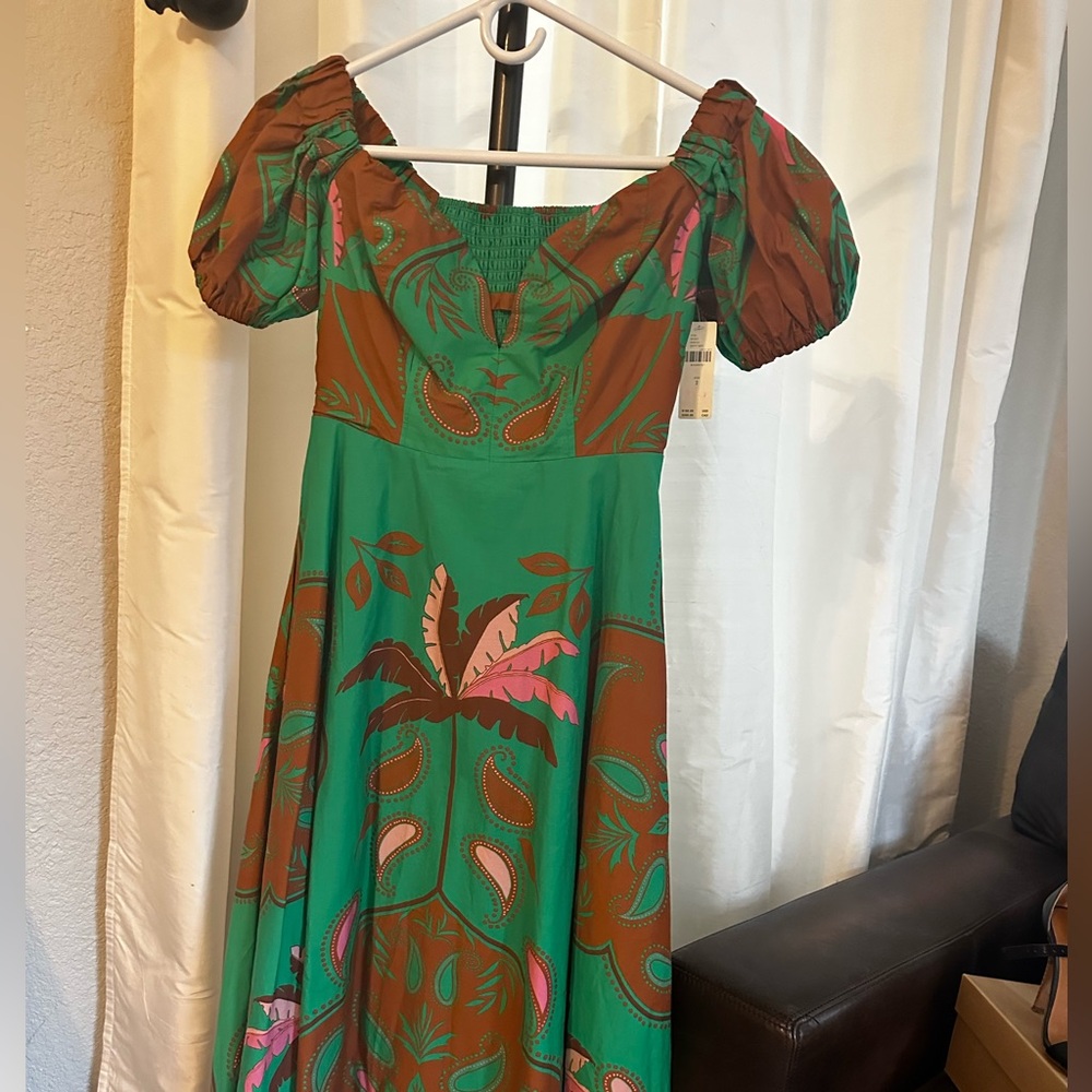 NWT Anthropologie Maeve Green and Orange Off-Shoulder Midi Dress Size 2 - Picture 6 of 8